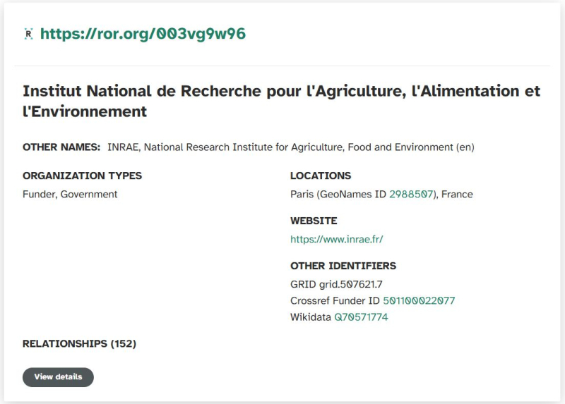 Fiche d'INRAE dans ROR